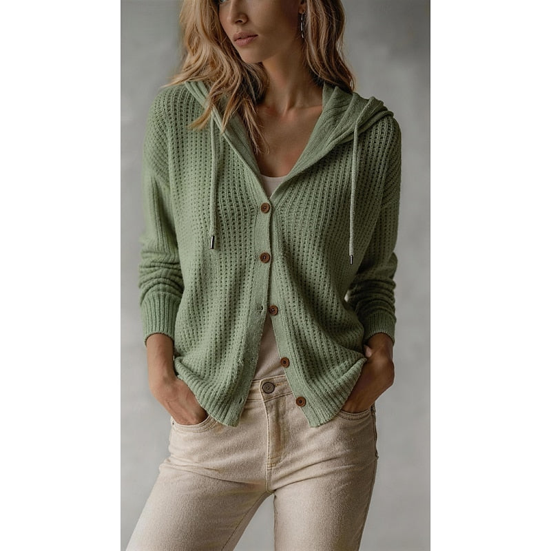 Hooded Knit Cardigan Women's Button-Front Long Sleeve Sweater – Casual, Office · Faylori