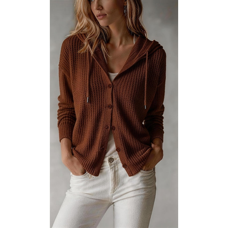 Hooded Knit Cardigan Women's Button-Front Long Sleeve Sweater – Casual, Office · Faylori