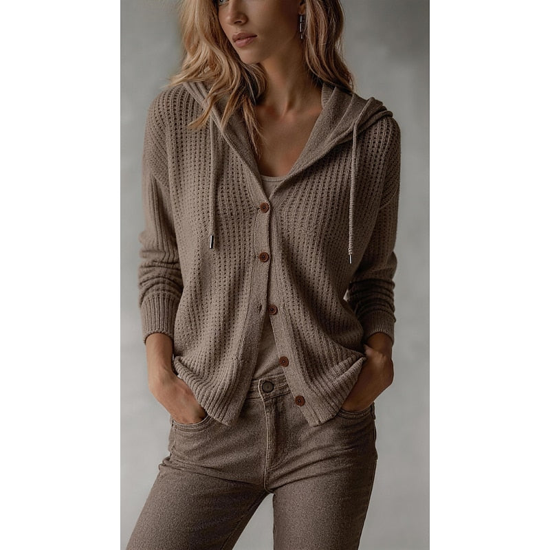 Hooded Knit Cardigan Women's Button-Front Long Sleeve Sweater – Casual, Office · Faylori