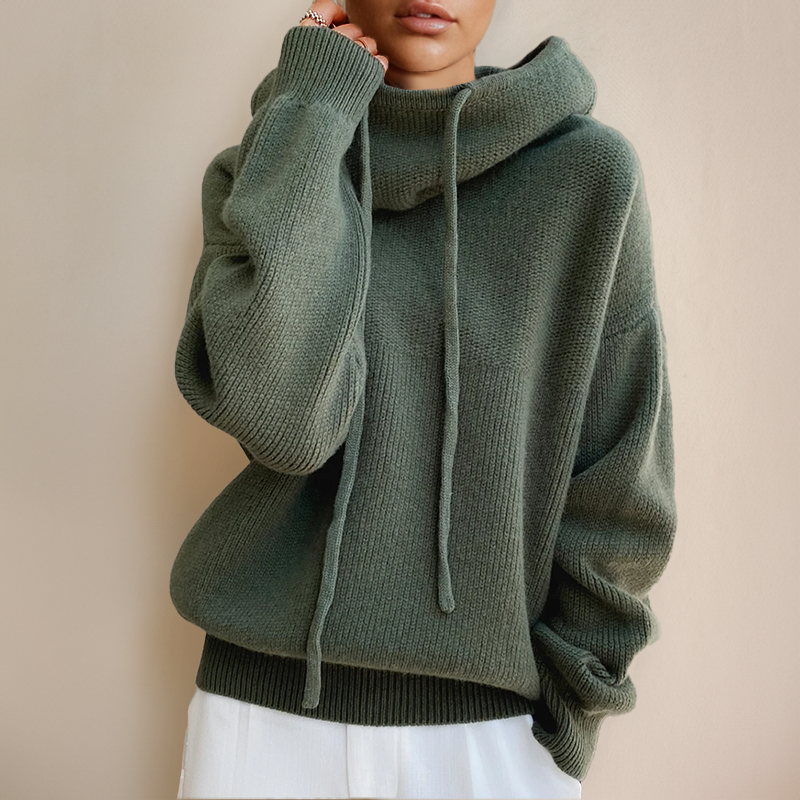 Hooded Knit Sweater Women's Oversized Drawstring Pullover Green – Casual, Office, Holiday, Gift
