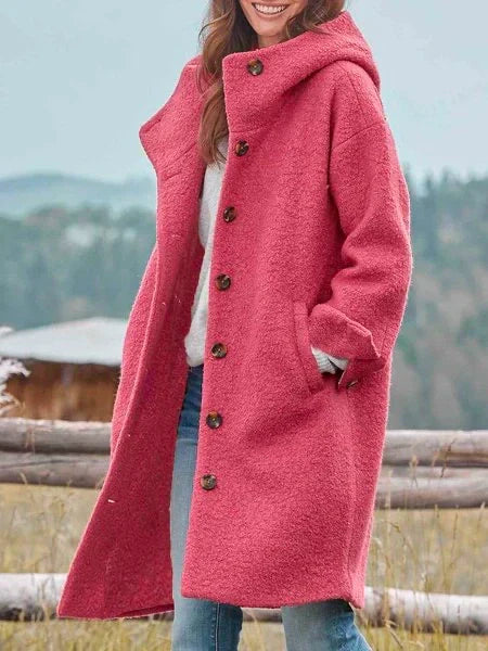 Hooded Long Coat Women's Pink Button-Front Longline Jacket – Casual, Office, Winter, Gift