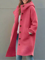 Hooded Long Coat Women's Pink Button-Front Longline Jacket – Casual, Office, Winter, Gift