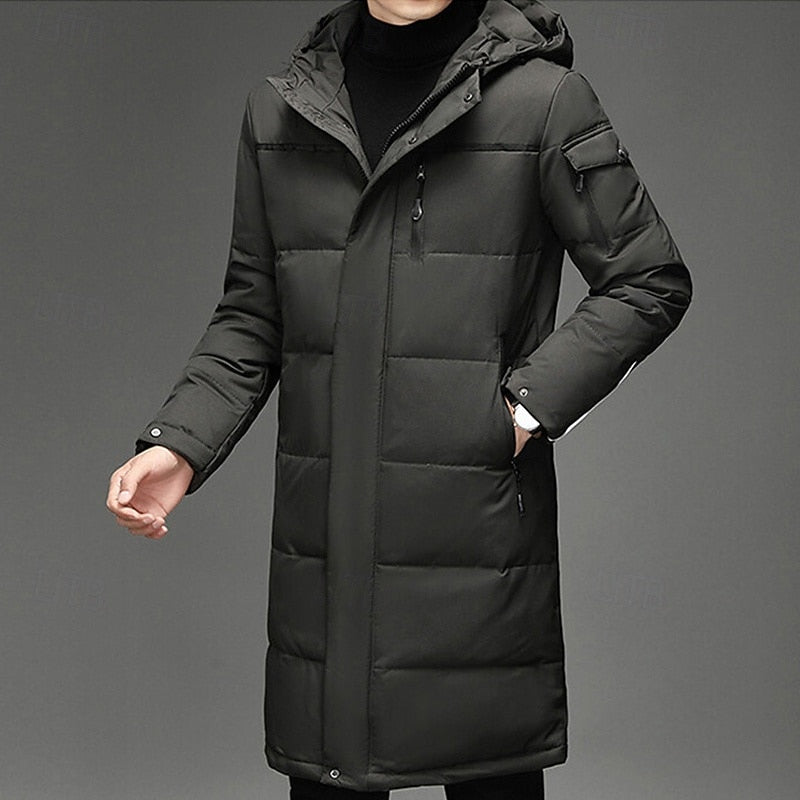 Hooded Long Puffer Coat Men's Winter Parka Zip-Up Padded Jacket – Casual, Cold Weather Outdoor