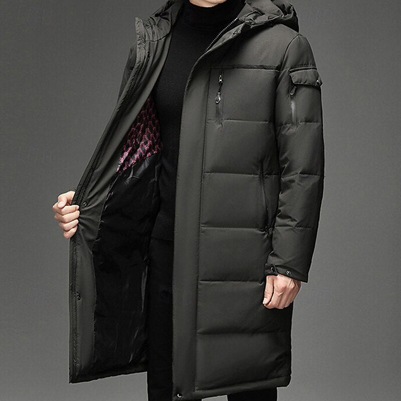 Hooded Long Puffer Coat Men's Winter Parka Zip-Up Padded Jacket – Casual, Cold Weather Outdoor