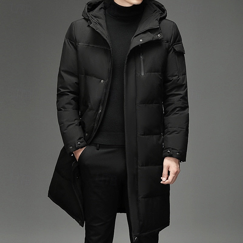 Hooded Long Puffer Coat Men's Winter Parka Zip-Up Padded Jacket – Casual, Cold Weather Outdoor