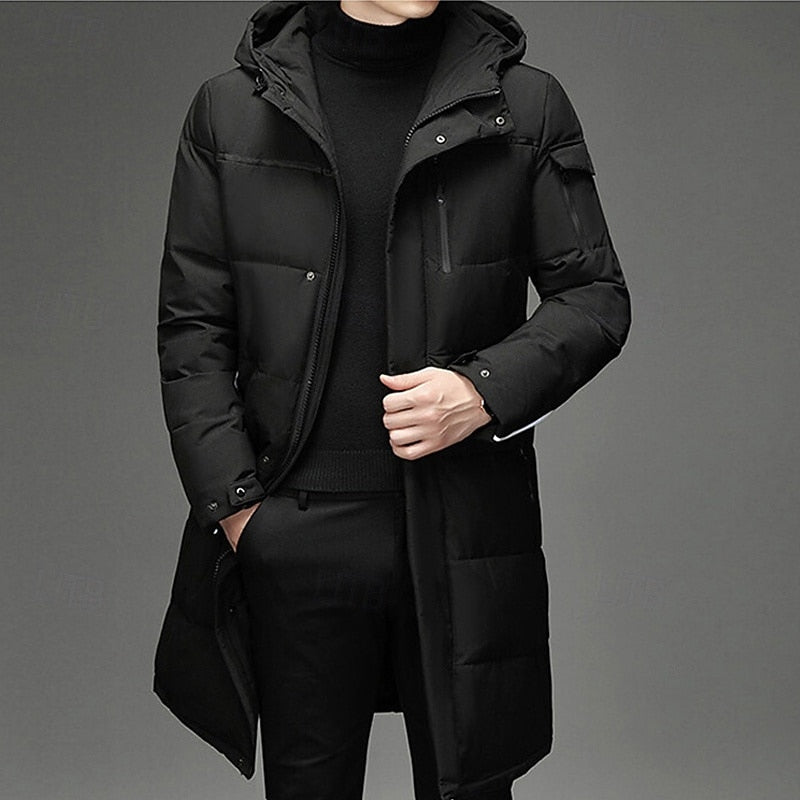 Hooded Long Puffer Coat Men's Winter Parka Zip-Up Padded Jacket – Casual, Cold Weather Outdoor