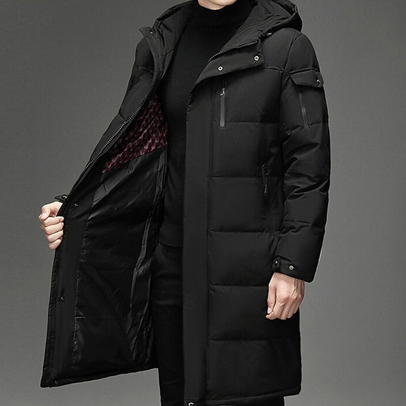 Hooded Long Puffer Coat Men's Winter Parka Zip-Up Padded Jacket – Casual, Cold Weather Outdoor