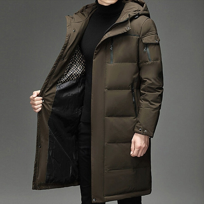 Hooded Long Puffer Coat Men's Winter Parka Zip-Up Padded Jacket – Casual, Cold Weather Outdoor