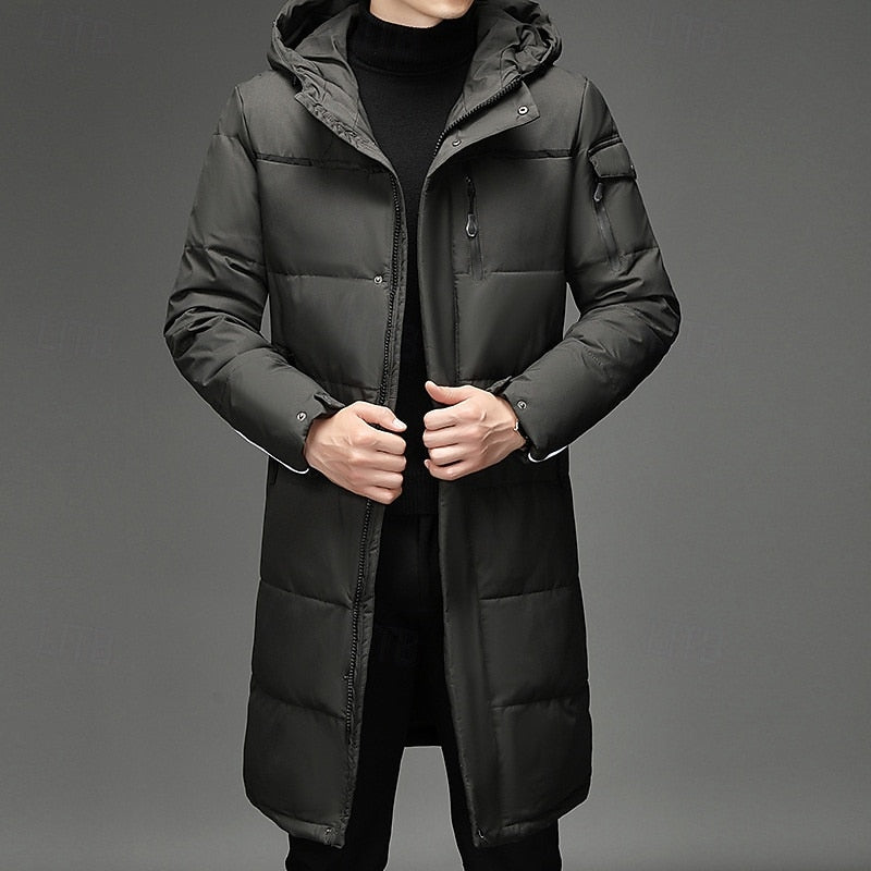 Hooded Long Puffer Coat Men's Winter Parka Zip-Up Padded Jacket – Casual, Cold Weather Outdoor