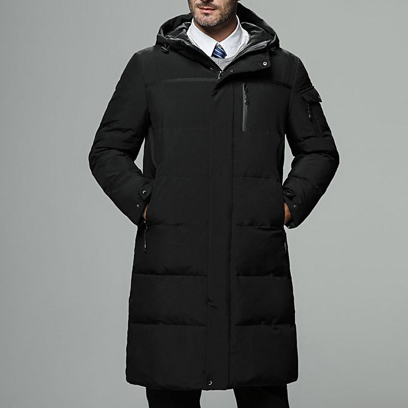 Hooded Longline Puffer Coat Men's Black Long Padded Winter Jacket – Casual, Outdoor