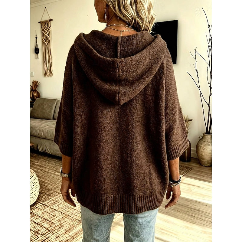 Hooded Open Front Cardigan Women's Knit Batwing Sleeve Sweater Brown – Casual, Office, Holiday, Gift