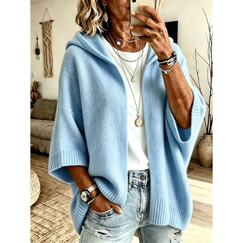 Hooded Open Front Cardigan Women's Knit Batwing Sleeve Sweater Brown – Casual, Office, Holiday, Gift
