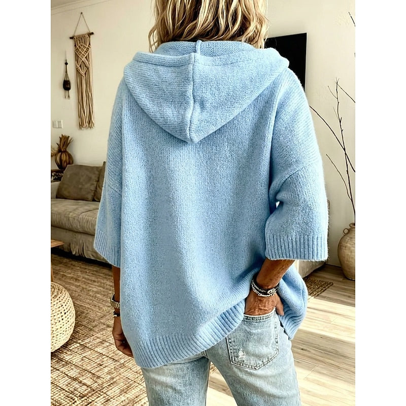 Hooded Open Front Cardigan Women's Knit Batwing Sleeve Sweater Brown – Casual, Office, Holiday, Gift