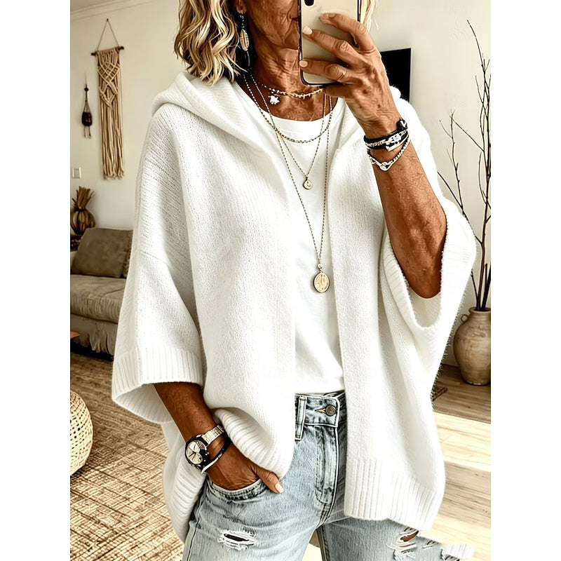 Hooded Open Front Cardigan Women's Knit Batwing Sleeve Sweater Brown – Casual, Office, Holiday, Gift
