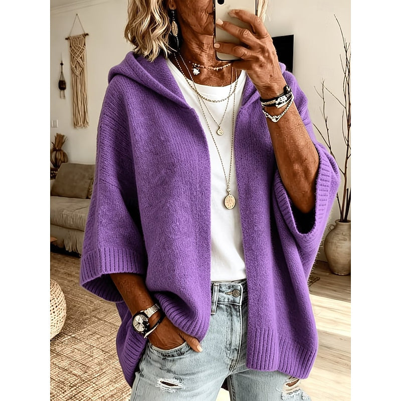 Hooded Open Front Cardigan Women's Knit Batwing Sleeve Sweater Brown – Casual, Office, Holiday, Gift