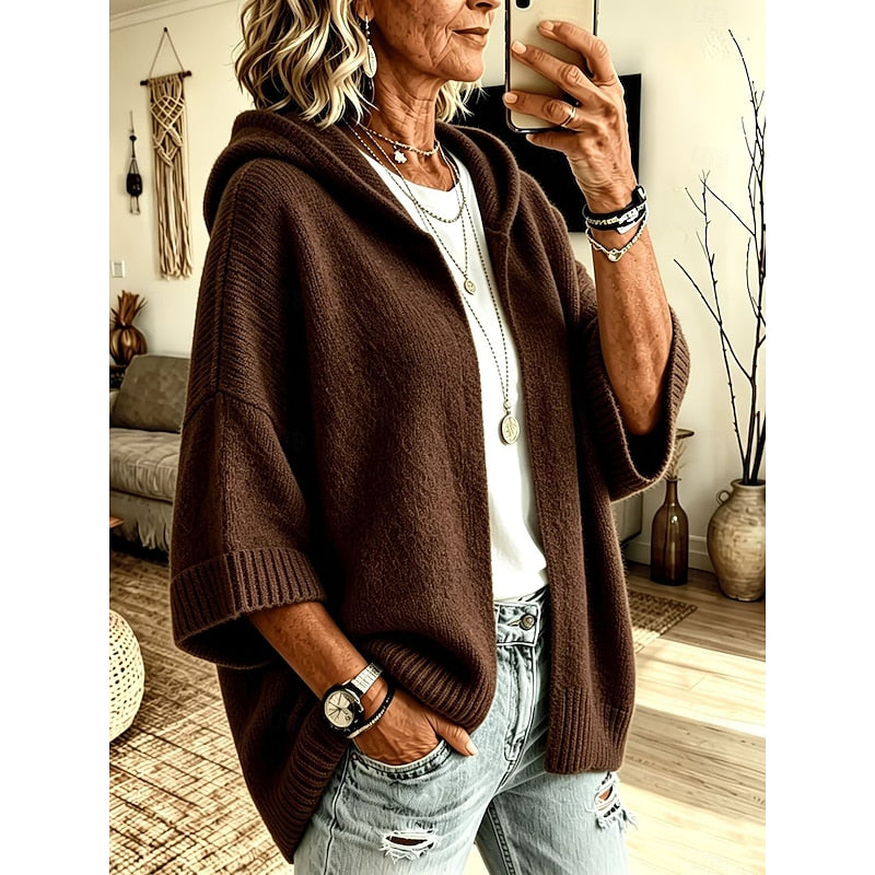 Hooded Open Front Cardigan Women's Knit Batwing Sleeve Sweater Brown – Casual, Office, Holiday, Gift