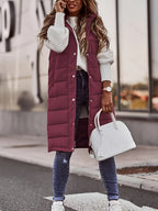 Hooded Padded Vest Women's Longline Sleeveless Puffer with Snap Buttons – Casual, Winter Layering Outerwear