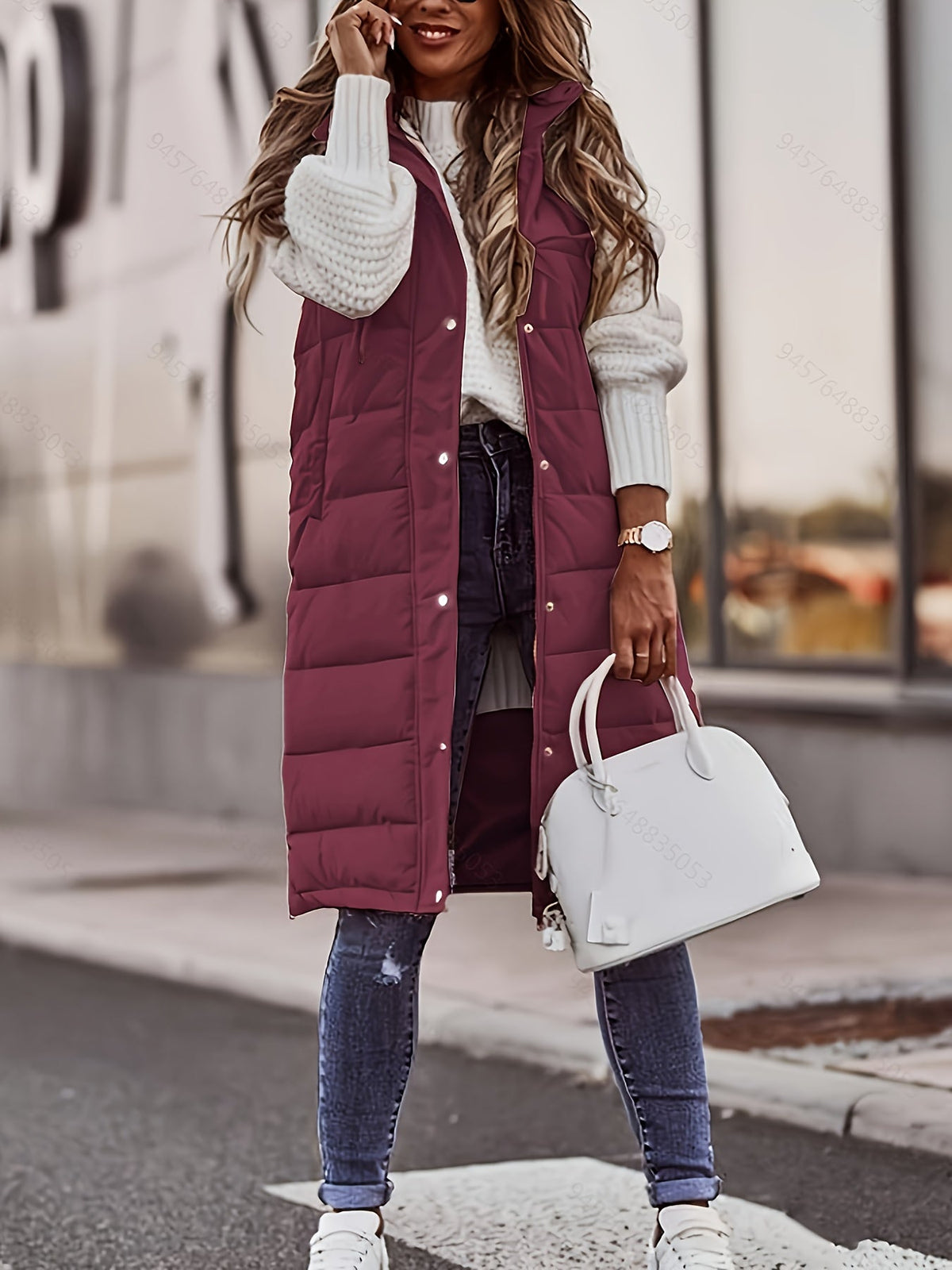 Hooded Padded Vest Women's Longline Sleeveless Puffer with Snap Buttons – Casual, Winter Layering Outerwear