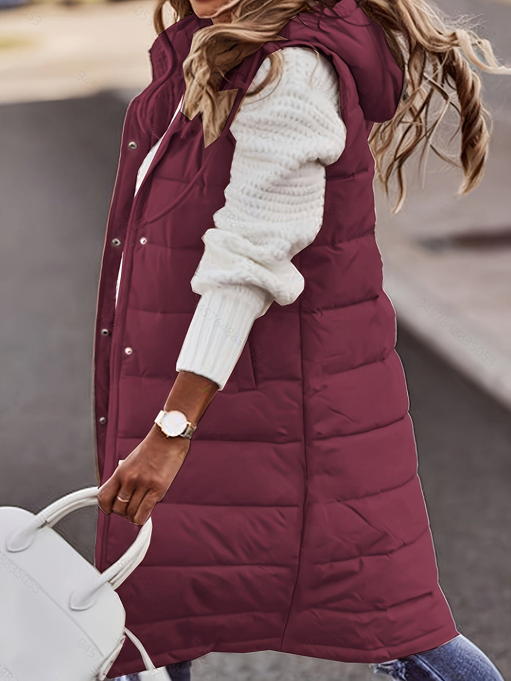 Hooded Padded Vest Women's Longline Sleeveless Puffer with Snap Buttons – Casual, Winter Layering Outerwear