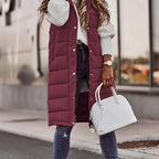 Hooded Padded Vest Women's Longline Sleeveless Puffer with Snap Buttons – Casual, Winter Layering Outerwear