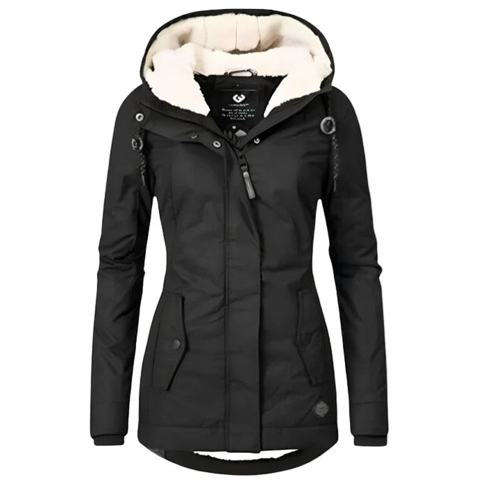 Hooded Parka Jacket Black Fleece-Lined Waterproof Women's – Casual, Winter, Everyday