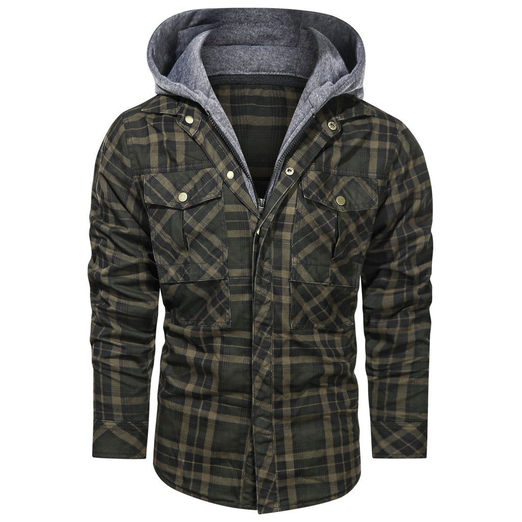 Hooded Plaid Jacket Men's Red Brown Flannel Shirt Jacket with Removable Hood – Casual, Outdoor