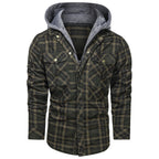 Hooded Plaid Jacket Men's Red Brown Flannel Shirt Jacket with Removable Hood – Casual, Outdoor