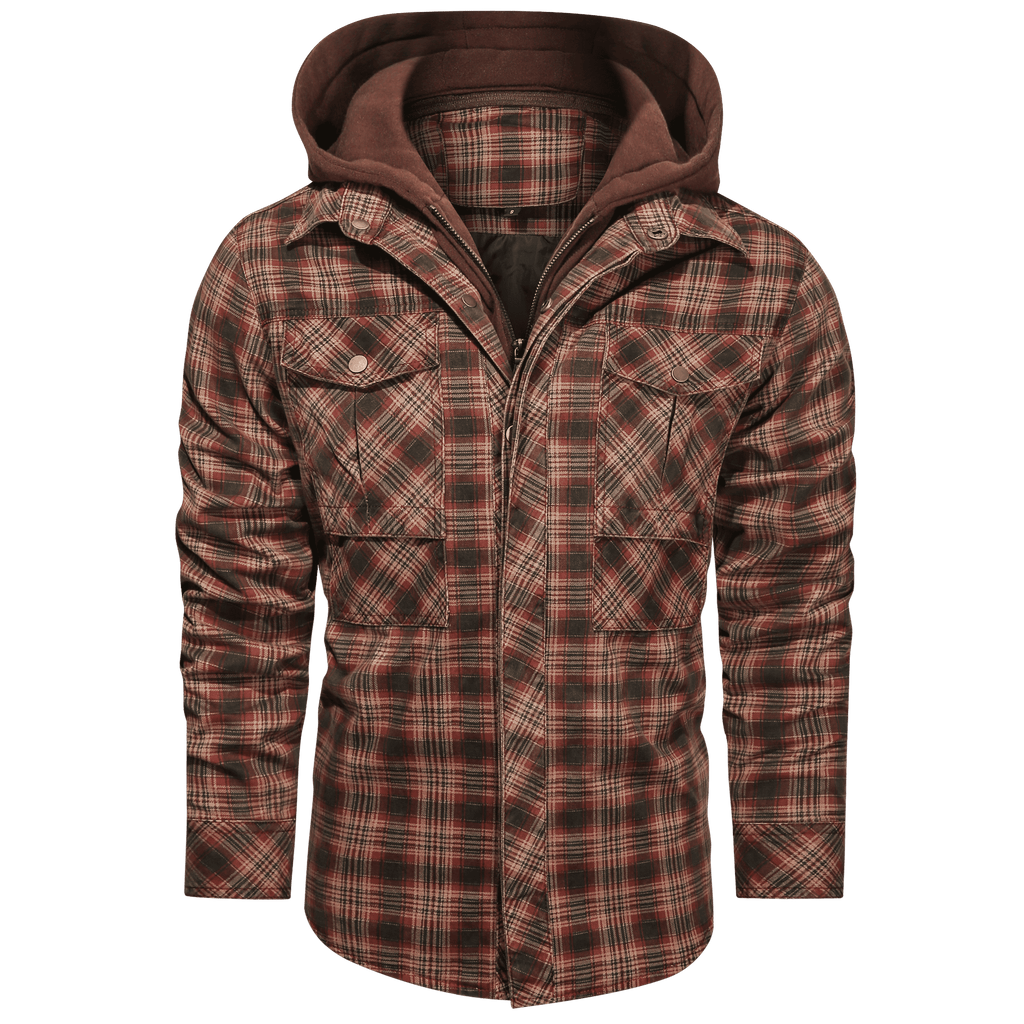 Hooded Plaid Jacket Men's Red Brown Flannel Shirt Jacket with Removable Hood – Casual, Outdoor
