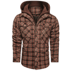 Hooded Plaid Jacket Men's Red Brown Flannel Shirt Jacket with Removable Hood – Casual, Outdoor