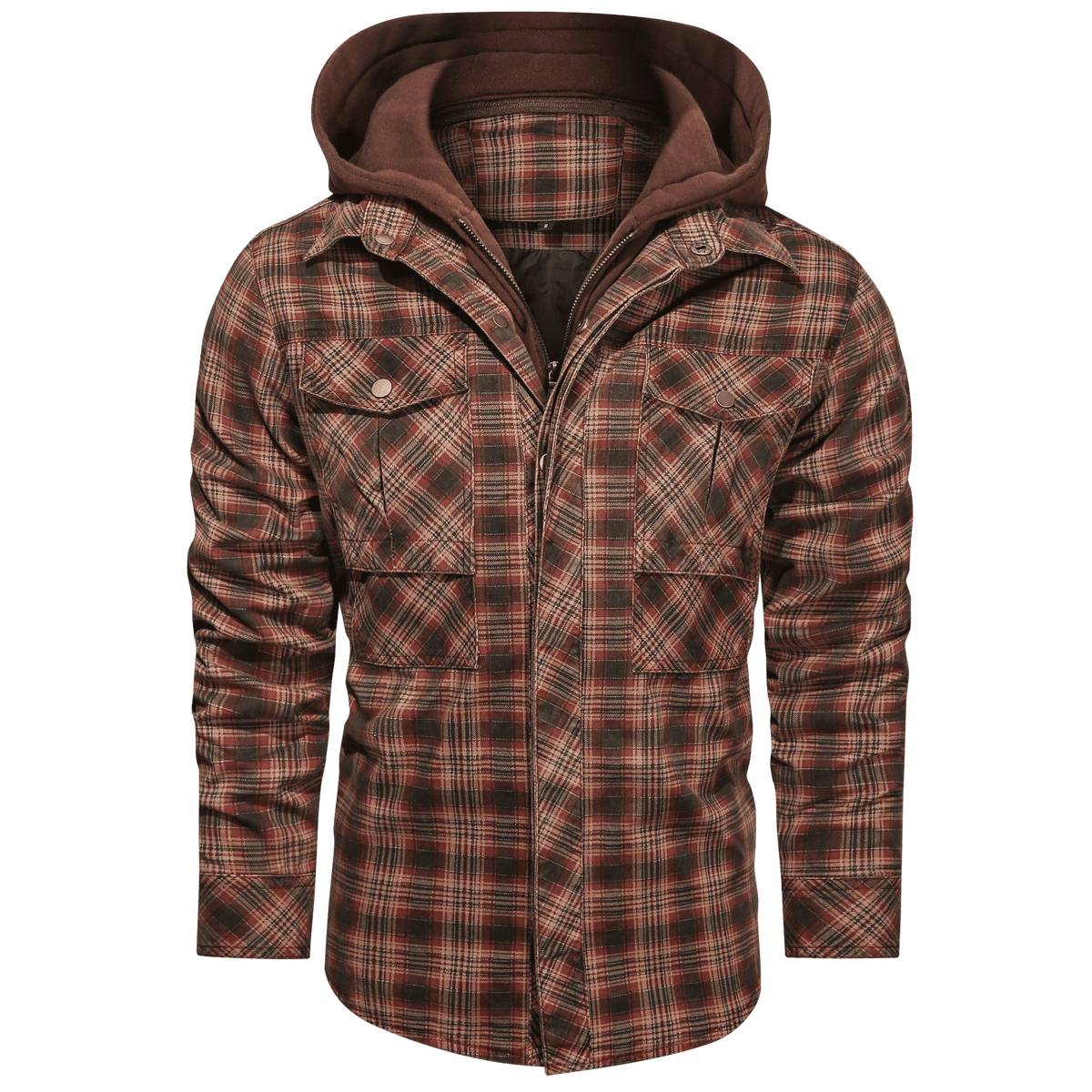 Hooded Plaid Jacket Men's Red Brown Flannel Shirt Jacket with Removable Hood – Casual, Outdoor