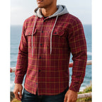 Hooded Plaid Shirt Jacket Men's Black Button-Up Flannel Shacket – Casual, Office, Holiday, Gift