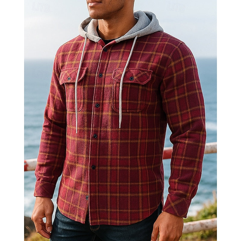 Hooded Plaid Shirt Jacket Men's Black Button-Up Flannel Shacket – Casual, Office, Holiday, Gift