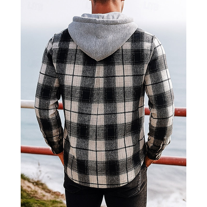 Hooded Plaid Shirt Jacket Men's Black Button-Up Flannel Shacket – Casual, Office, Holiday, Gift