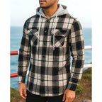 Hooded Plaid Shirt Jacket Men's Black Button-Up Flannel Shacket – Casual, Office, Holiday, Gift
