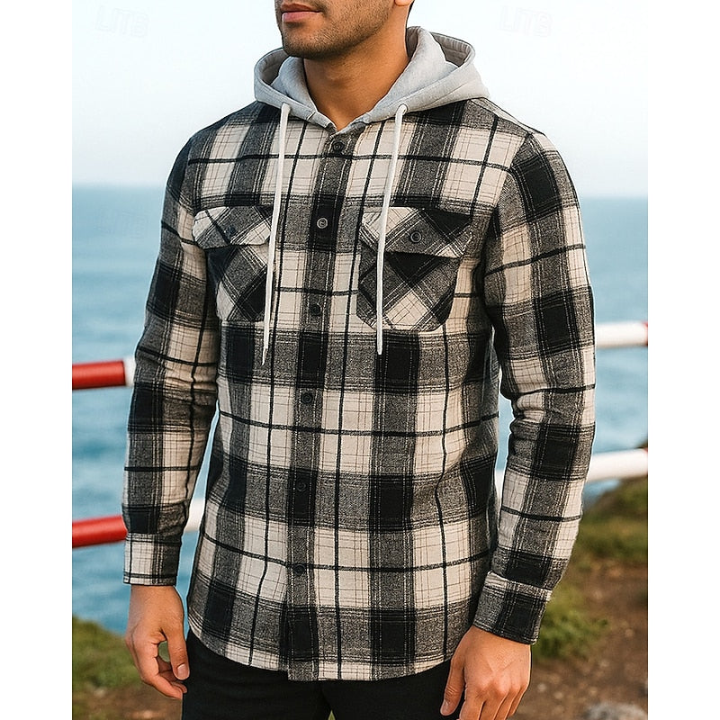 Hooded Plaid Shirt Jacket Men's Black Button-Up Flannel Shacket – Casual, Office, Holiday, Gift