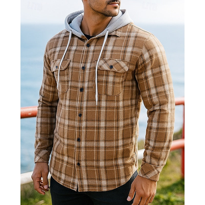 Hooded Plaid Shirt Jacket Men's Black Button-Up Flannel Shacket – Casual, Office, Holiday, Gift