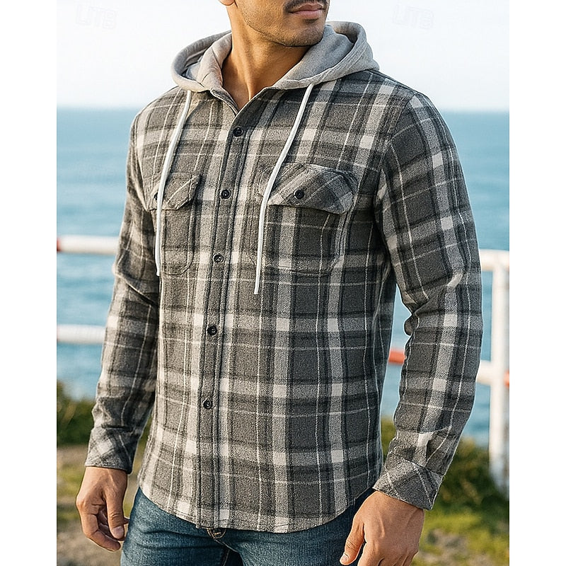 Hooded Plaid Shirt Jacket Men's Black Button-Up Flannel Shacket – Casual, Office, Holiday, Gift