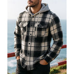 Hooded Plaid Shirt Jacket Men's Black Button-Up Flannel Shacket – Casual, Office, Holiday, Gift