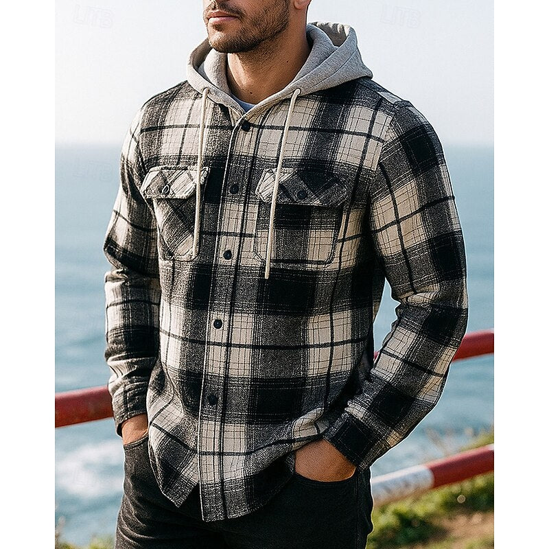 Hooded Plaid Shirt Jacket Men's Black Button-Up Flannel Shacket – Casual, Office, Holiday, Gift