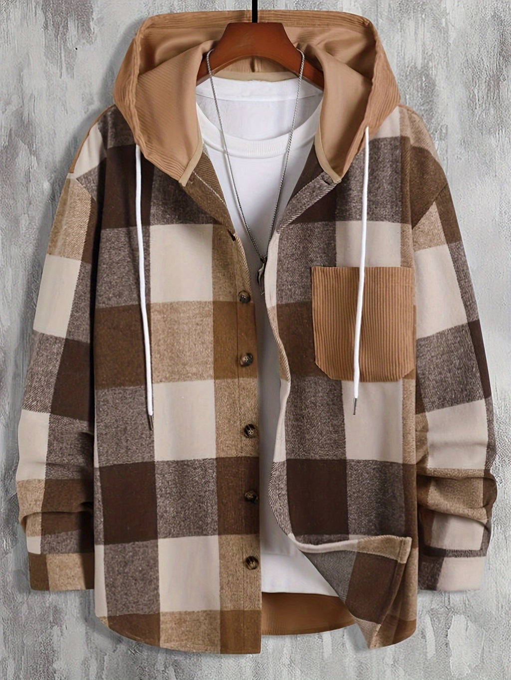 Hooded Plaid Shirt Jacket Men's Button-Up Corduroy Pocket Shacket – Casual, Fall Layering, Gift