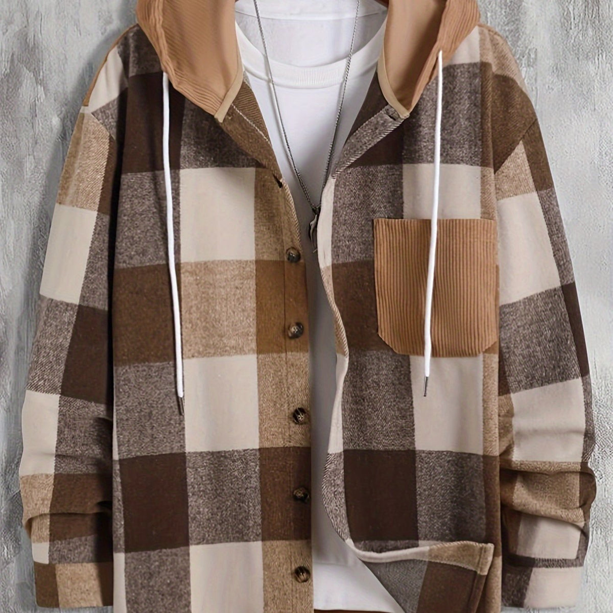 Hooded Plaid Shirt Jacket Men's Button-Up Corduroy Pocket Shacket – Casual, Fall Layering, Gift