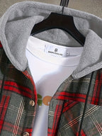 Hooded Plaid Shirt Jacket Men's Gray Orange Button-Up Shacket with Pocket – Casual, Fall Layering, Gift