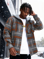 Hooded Plaid Shirt Jacket Men's Gray Orange Button-Up Shacket with Pocket – Casual, Fall Layering, Gift