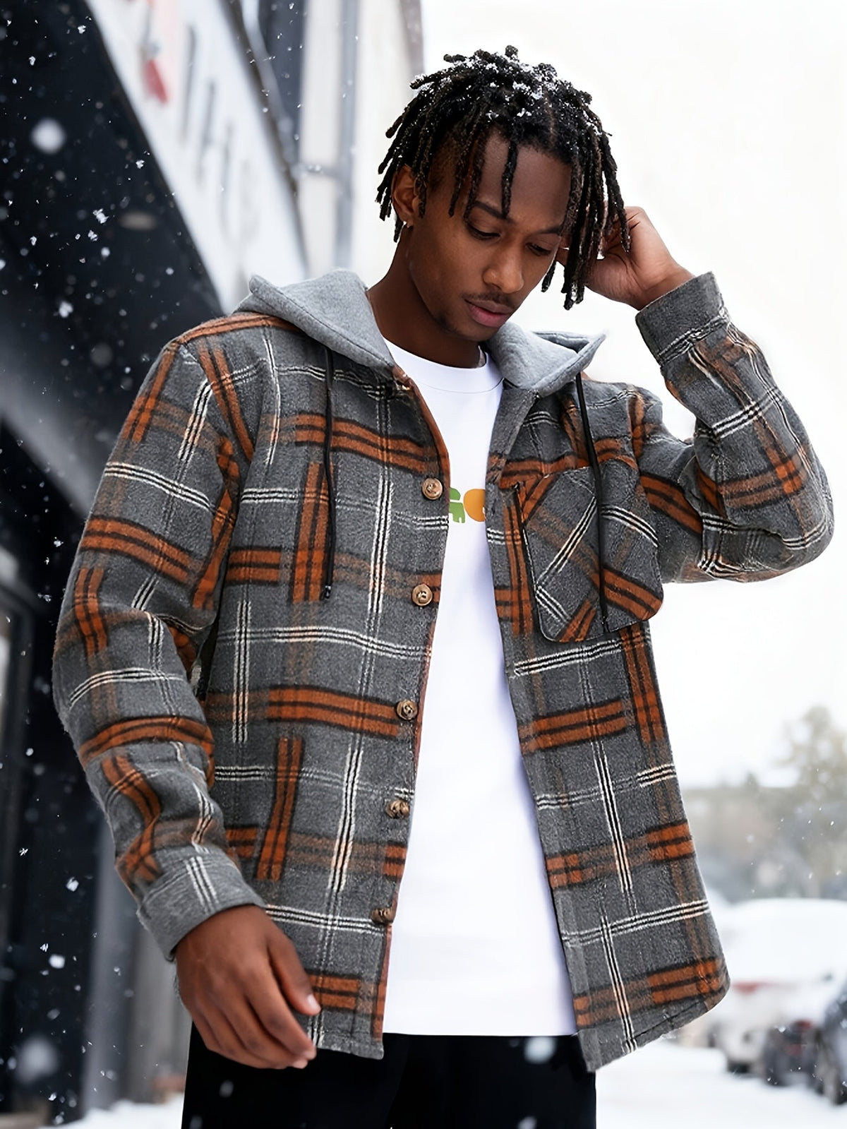 Hooded Plaid Shirt Jacket Men's Gray Orange Button-Up Shacket with Pocket – Casual, Fall Layering, Gift