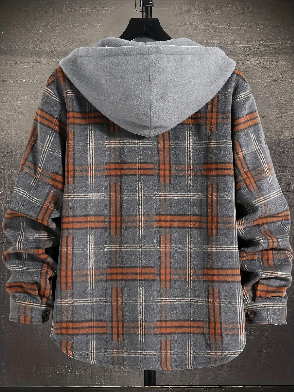 Hooded Plaid Shirt Jacket Men's Gray Orange Button-Up Shacket with Pocket – Casual, Fall Layering, Gift