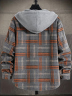 Hooded Plaid Shirt Jacket Men's Gray Orange Button-Up Shacket with Pocket – Casual, Fall Layering, Gift
