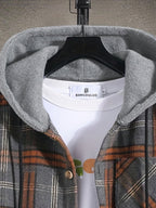 Hooded Plaid Shirt Jacket Men's Gray Orange Button-Up Shacket with Pocket – Casual, Fall Layering, Gift