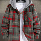 Hooded Plaid Shirt Jacket Men's Gray Orange Button-Up Shacket with Pocket – Casual, Fall Layering, Gift