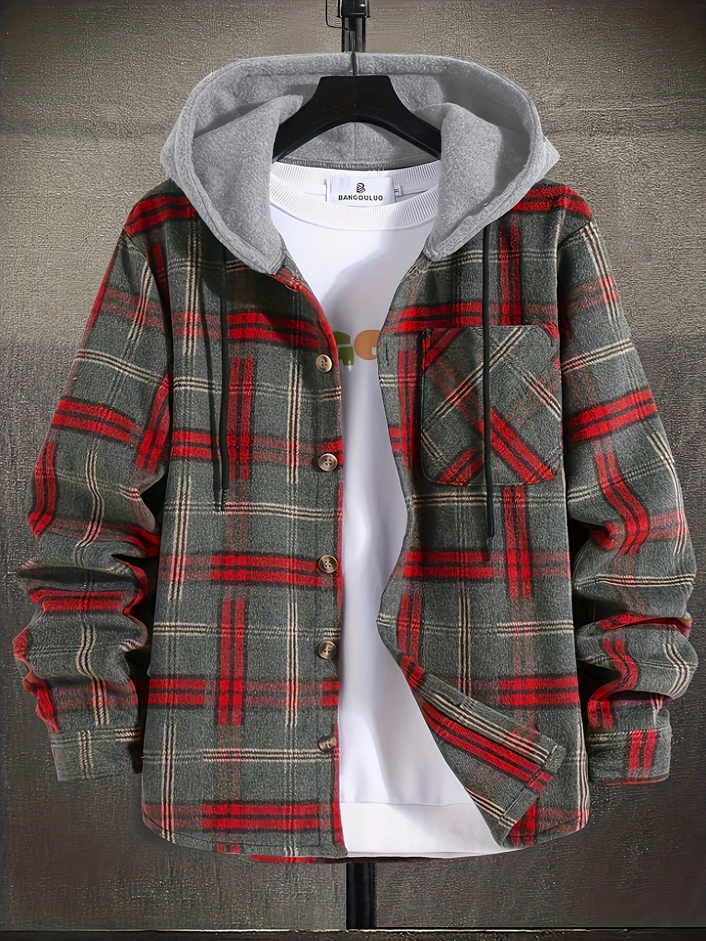 Hooded Plaid Shirt Jacket Men's Gray Orange Button-Up Shacket with Pocket – Casual, Fall Layering, Gift