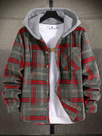 Hooded Plaid Shirt Jacket Men's Gray Orange Button-Up Shacket with Pocket – Casual, Fall Layering, Gift